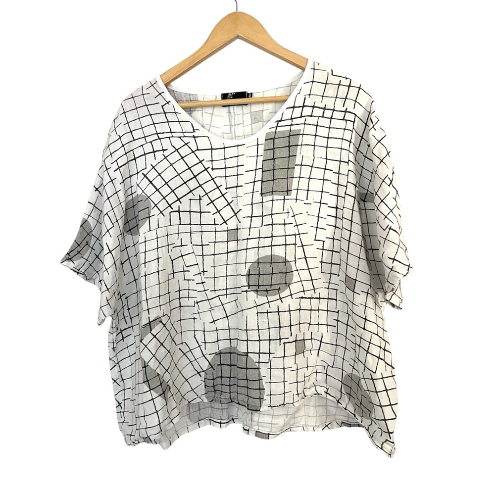 femini linen Women's White and Gray Grid Pattern Top blouse